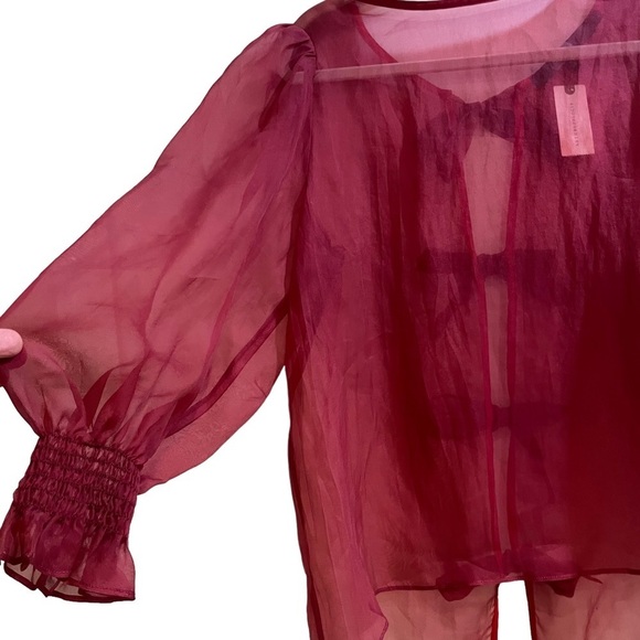 Anthropologie Eva Franco Silk Organza Deep Red Sheer Blouse Balloon Sleeves Sz M - Picture 6 of 12